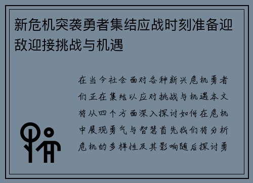 新危机突袭勇者集结应战时刻准备迎敌迎接挑战与机遇