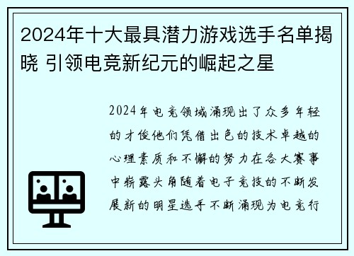 2024年十大最具潜力游戏选手名单揭晓 引领电竞新纪元的崛起之星