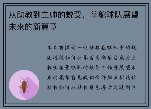 从助教到主帅的蜕变，掌舵球队展望未来的新篇章