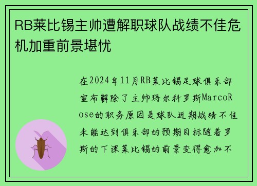 RB莱比锡主帅遭解职球队战绩不佳危机加重前景堪忧