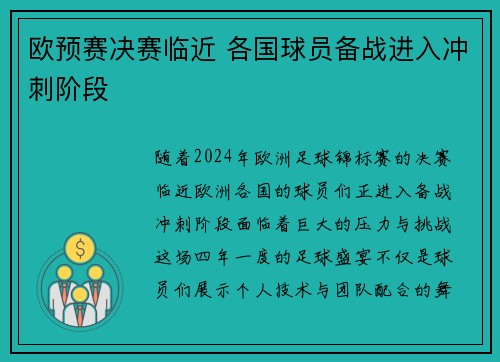 欧预赛决赛临近 各国球员备战进入冲刺阶段