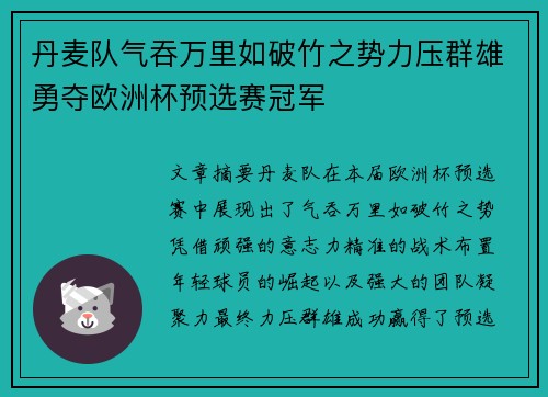 丹麦队气吞万里如破竹之势力压群雄勇夺欧洲杯预选赛冠军