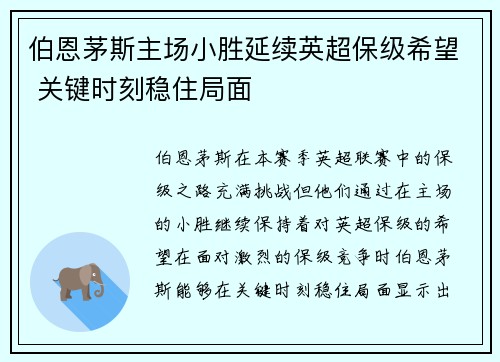 伯恩茅斯主场小胜延续英超保级希望 关键时刻稳住局面