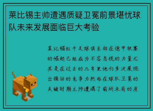 莱比锡主帅遭遇质疑卫冕前景堪忧球队未来发展面临巨大考验