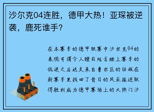 沙尔克04连胜，德甲大热！亚琛被逆袭，鹿死谁手？