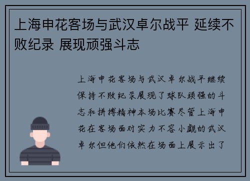 上海申花客场与武汉卓尔战平 延续不败纪录 展现顽强斗志