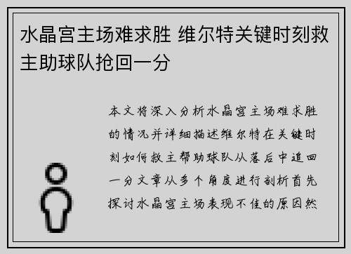 水晶宫主场难求胜 维尔特关键时刻救主助球队抢回一分