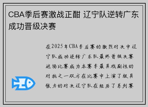 CBA季后赛激战正酣 辽宁队逆转广东成功晋级决赛